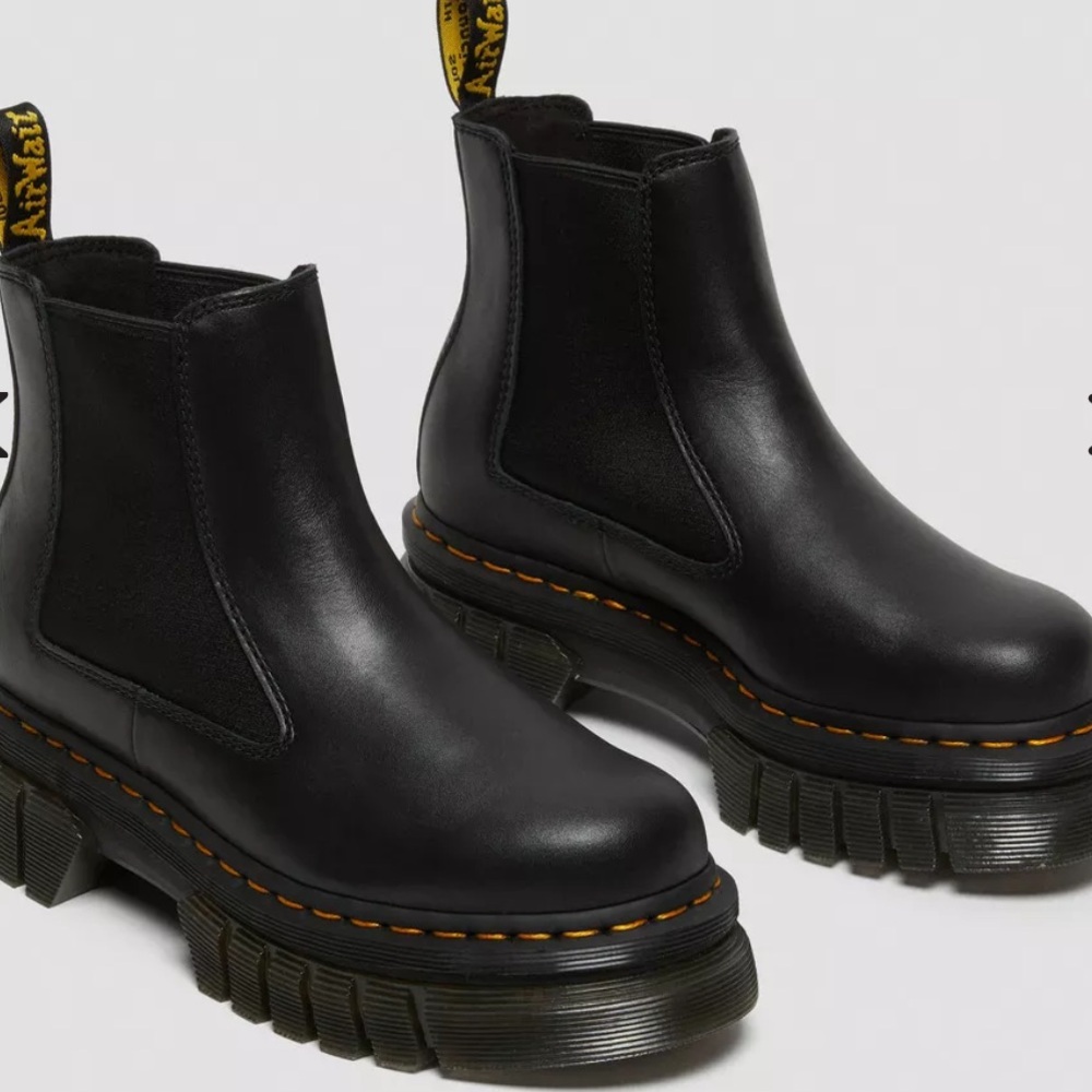 Dr. Martens Black Leather Boots with Yellow Stitching, Audrick Chelsea